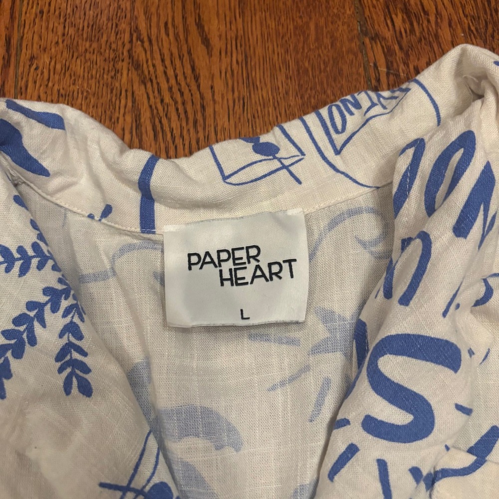 Womens Linen Blend Blue White Doodle Vino Summer Print Button Down Shirt Large - Picture 3 of 6